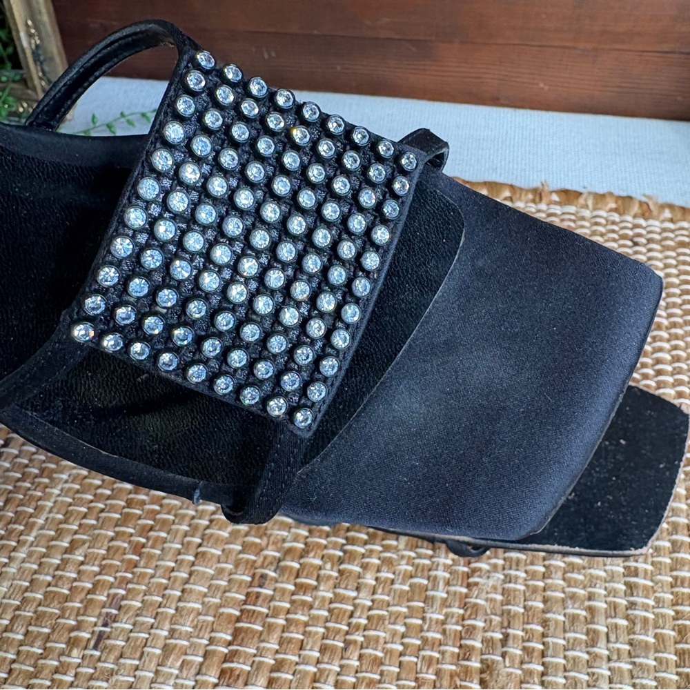 Vintage Ramon Tenza Black Square Toe Satin & Leather Rhinestone Slides Size 7.5B - Picture 9 of 11